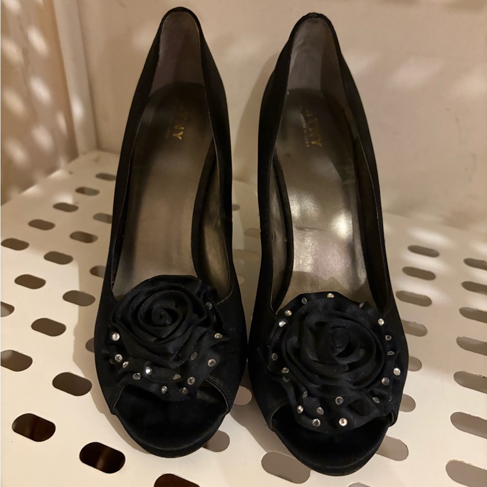 Black Peep Toe Heels with Floral Detail